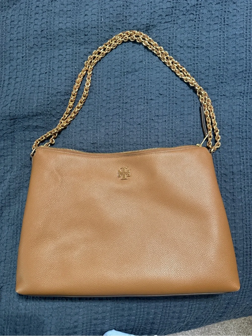 Tory Burch Cognac Pebbled Leather Shoulder Bag with Gold Chain
